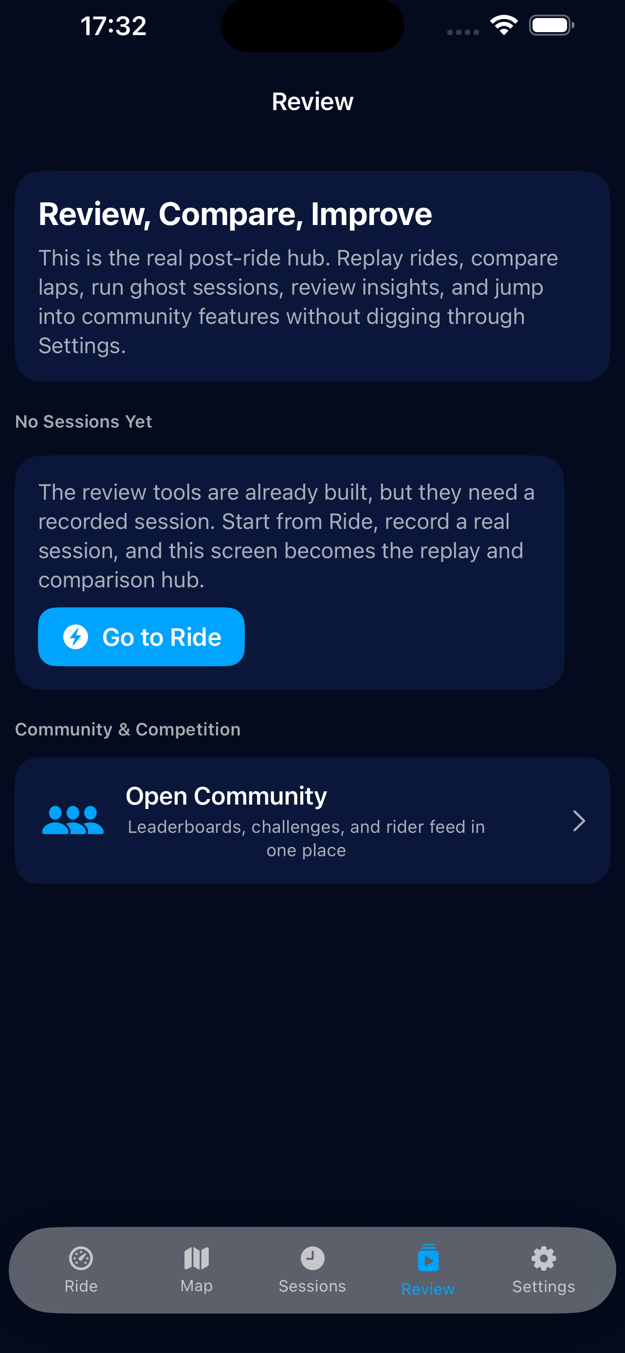 HaloSense review screen for ride analysis